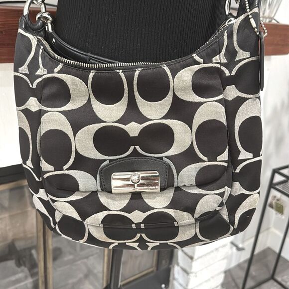 Coach Kristin Signature Logo Bag Black Gray Shoulder & Crossbody Sateen Leather - Picture 2 of 14